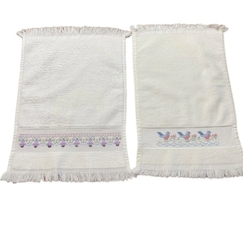 Vintage 2 Embroidered White Towels Birds and Flowers